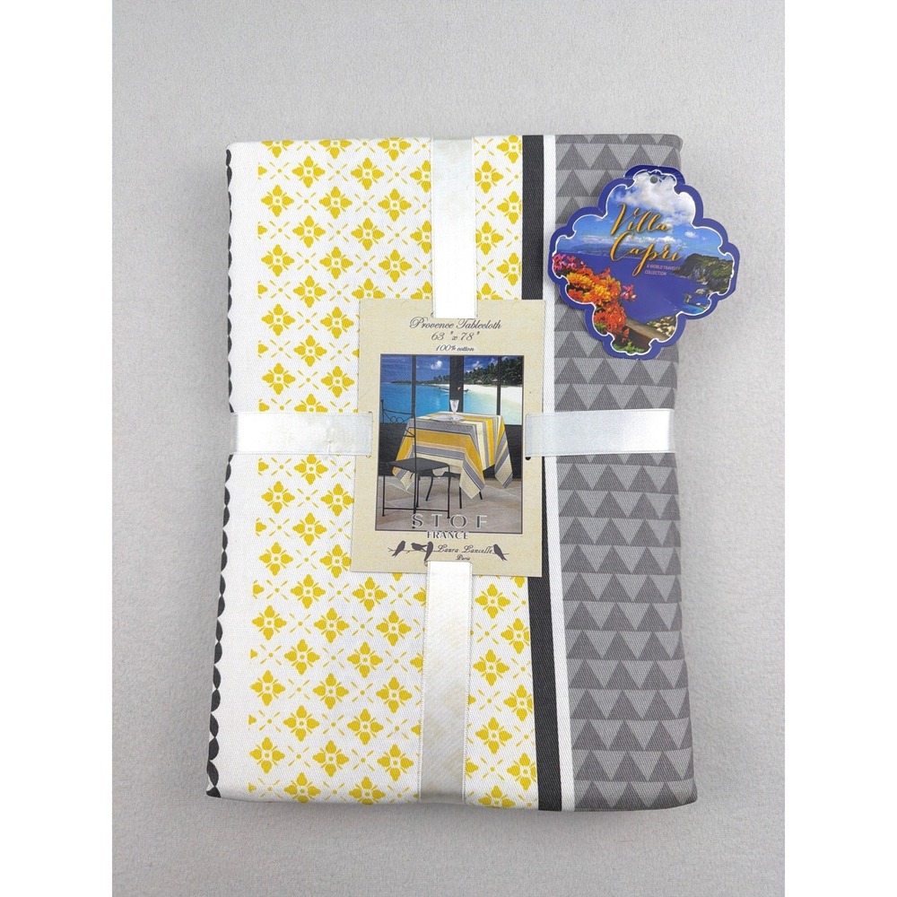 Stof France Villa Capri Provence Tablecloth 100% Cotton 63x78 Yellow Grey NEW